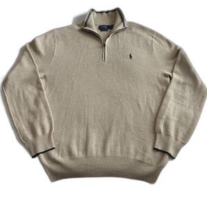 Polo Ralph Lauren 1/4 Zip Pima Cotton Knit Pullover Sweater Large Tan Pony Golf